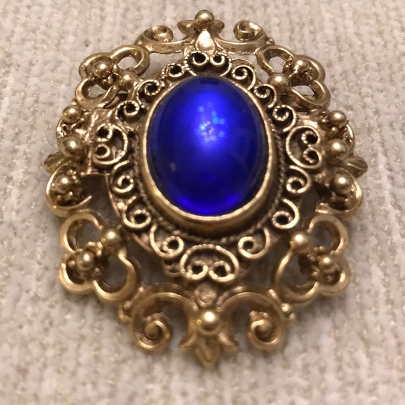 Gold and blue vintage oval-shaped brooch - Picture 3 of 6